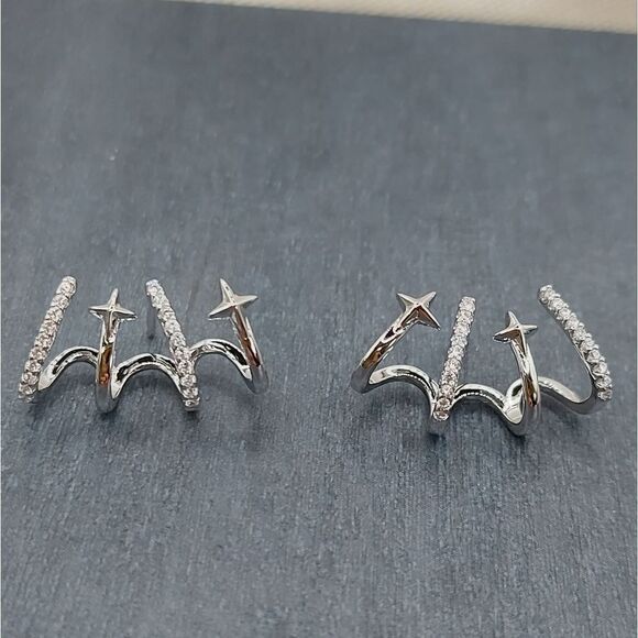 Platinum Plated Shooting Stars Earring Stud Cuff CZ - Picture 3 of 11